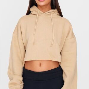 PLT Revolve Raw Hem Oversized Crop Hoodie in Tan / Beige Cotton Fleece